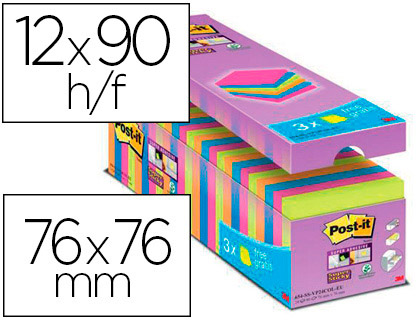 24 blocs de 90 notas adhesiva quita y pon Post-it Super Sticky 76x76mm. colores surtidos